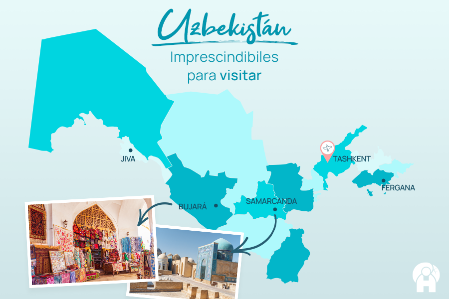 Mapa de los lugares destacados que visitar en Uzbekistán